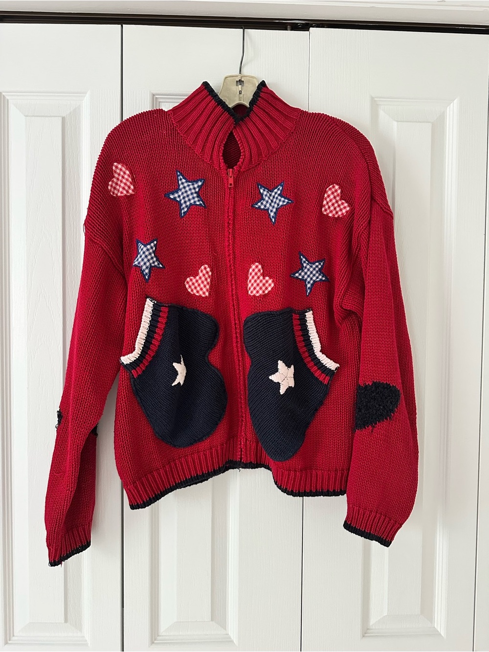 Marsh Landing Red Knit Cardigan with Navy Accents